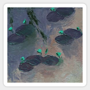 Pond with water lilies, oil impasto painting with volumetric strokes.  Autumn landscape. Best for backgrounds, covers, posters, wallpapers, fabric, textile, prints, wrapping paper. Sticker